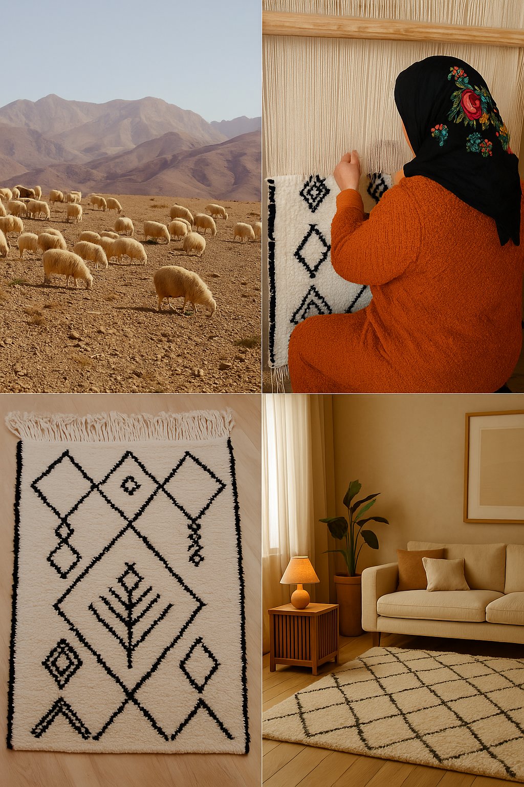 Collage showing the journey of a Moroccan rug: sheep grazing in the Atlas Mountains, a Berber woman weaving on a loom, a finished black-and-white rug with geometric patterns, and the rug styled in a warm, sunlit living room.