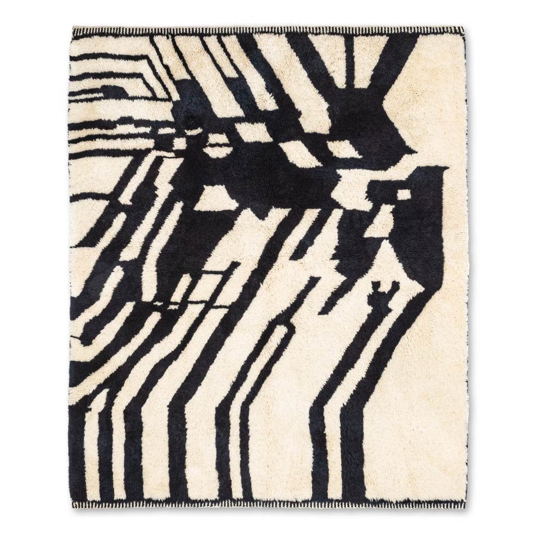 Abstract Black and White Beni Mrirt Moroccan Wool Rug with bold graphic pattern for modern decor