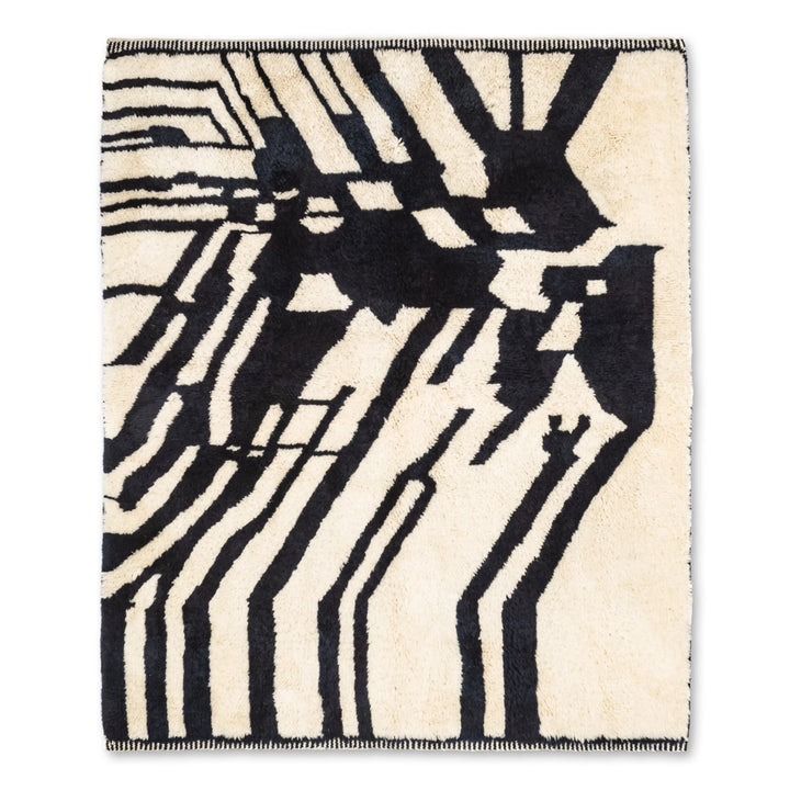 Abstract Black and White Beni Mrirt Moroccan Wool Rug with bold graphic pattern for modern decor