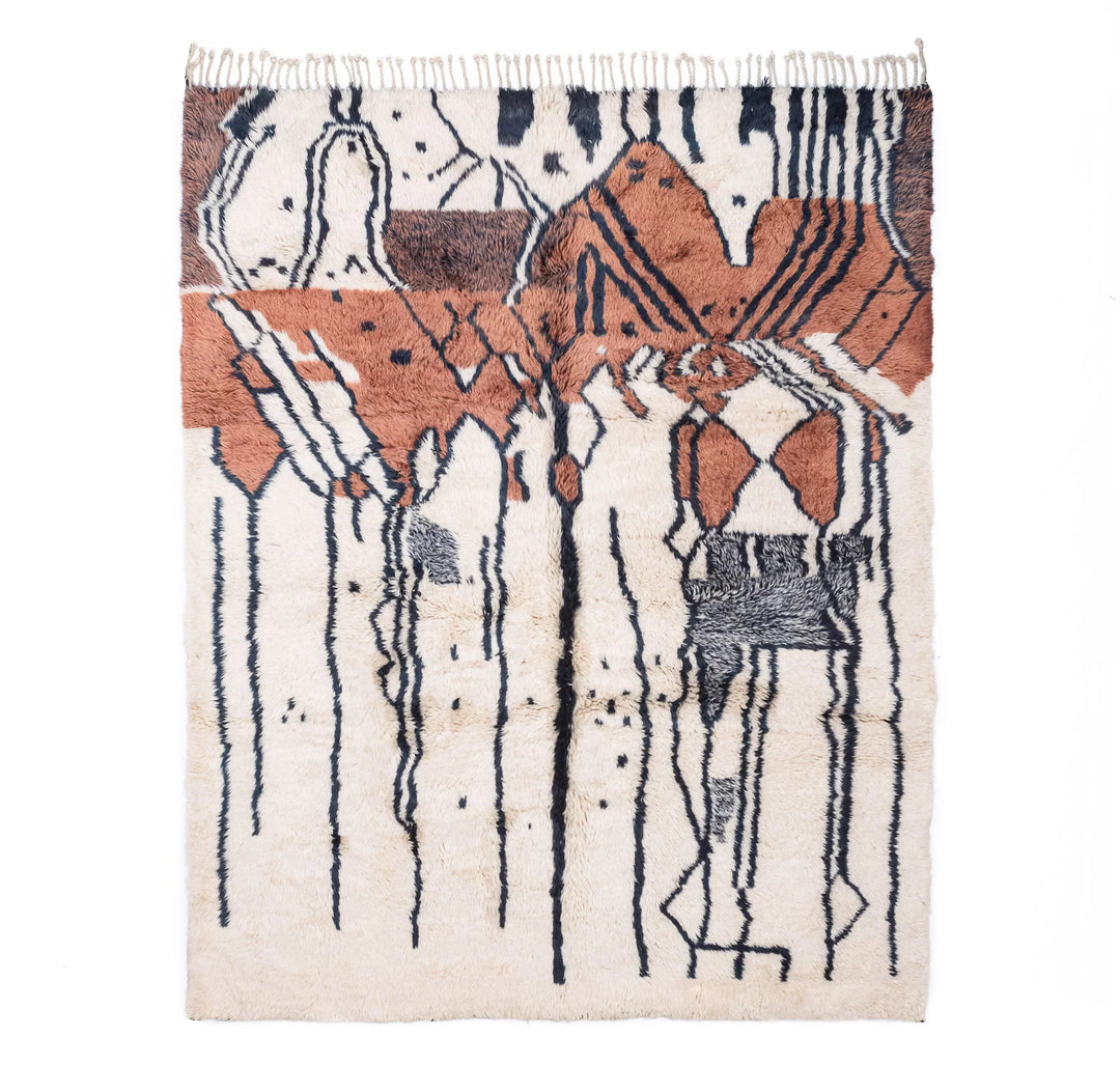 Abstract Tribal Beni Mrirt Moroccan Wool Rug with geometric rust and black patterns on ivory, handwoven by Berber artisans.