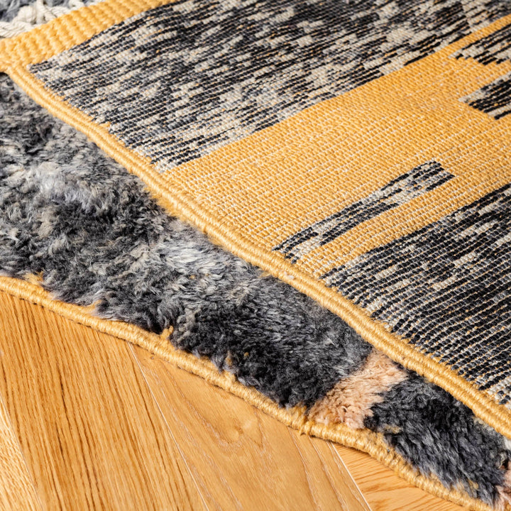 Abstract yellow Moroccan wool rug with earthy tones, traditional Berber patterns, handcrafted by artisans, 100% natural wool.