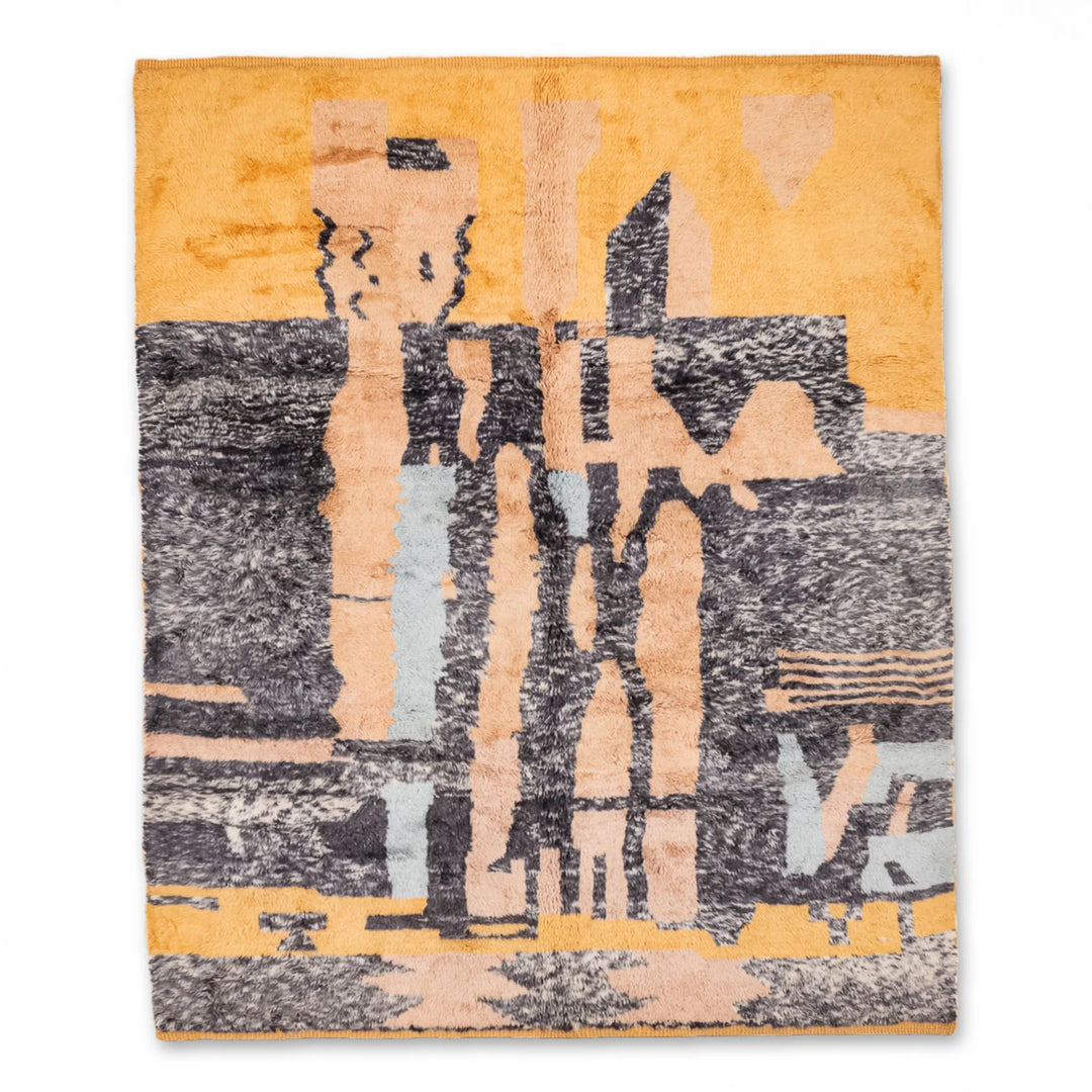 Abstract Moroccan wool rug in sun-washed yellow, ivory, and charcoal tones. Modern Berber design, perfect for contemporary interiors.