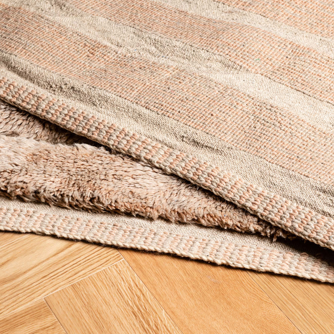 Beige Beni Mrirt Moroccan wool rug with stepped pattern, showcasing handwoven texture and plush high-pile for interior elegance.
