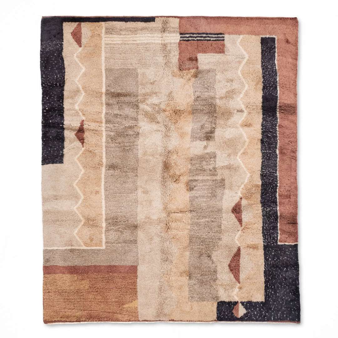 Beni Mrirt wool rug with earthy geometric design, handmade by Berber artisans, featuring warm tones and traditional Moroccan style.