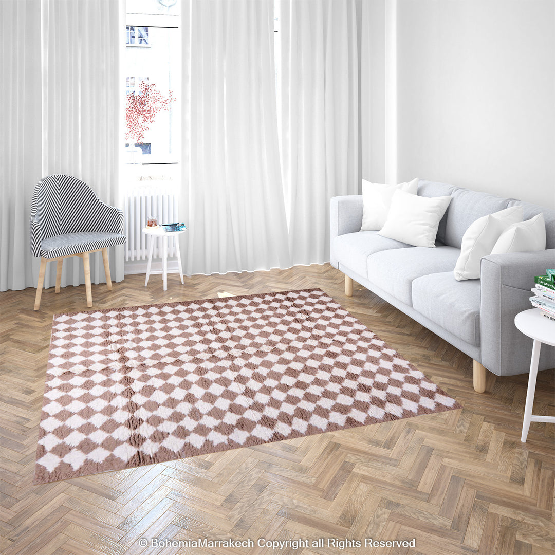 Handmade Moroccan rug with brown and white diamond pattern – wool area rug