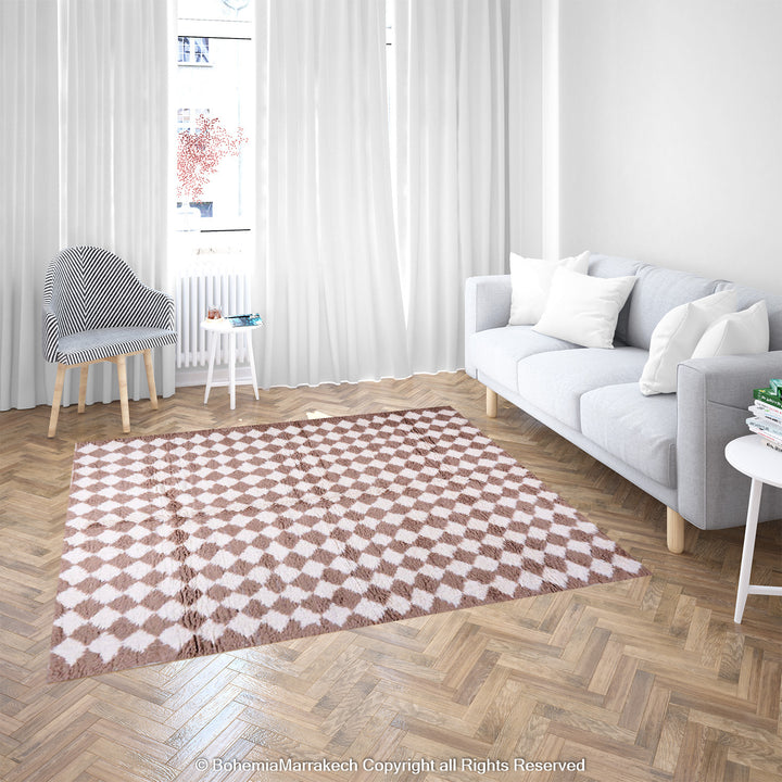 Handmade Moroccan rug with brown and white diamond pattern – wool area rug
