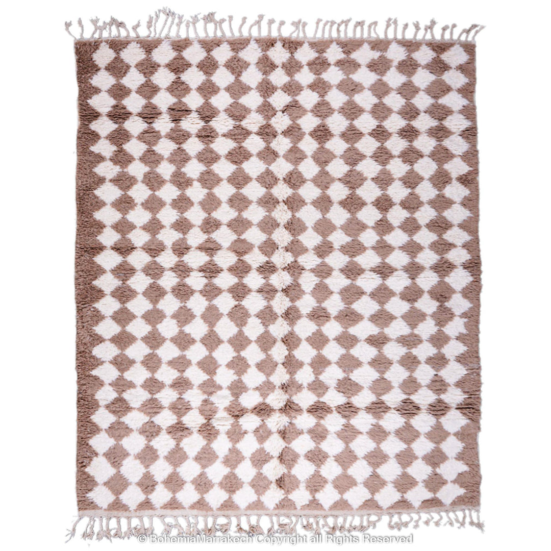 Handmade Moroccan rug with brown and white diamond pattern – wool area rug