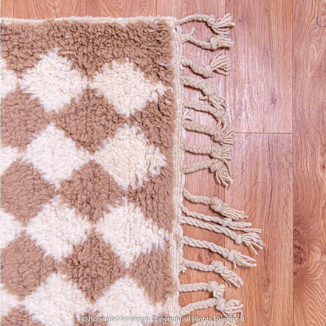 Handmade Moroccan rug with brown and white diamond pattern – wool area rug