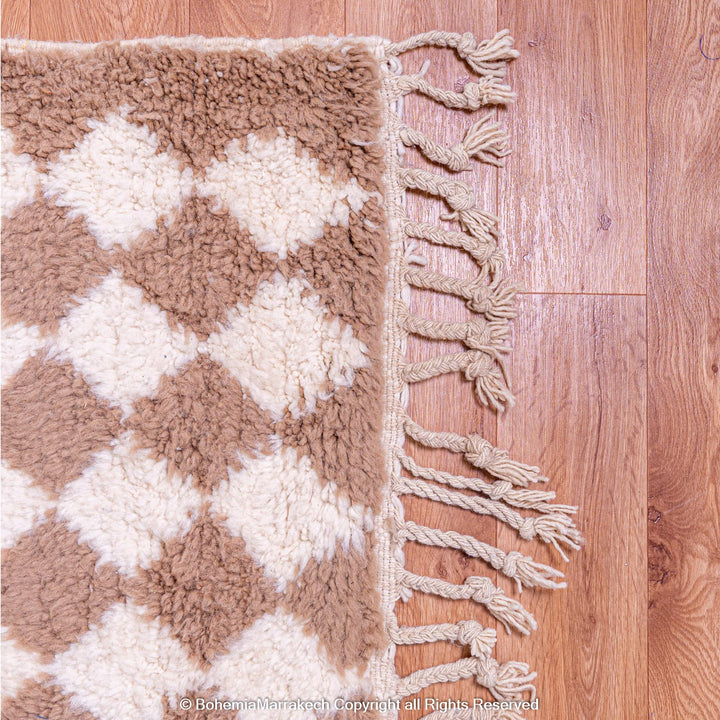 Handmade Moroccan rug with brown and white diamond pattern – wool area rug