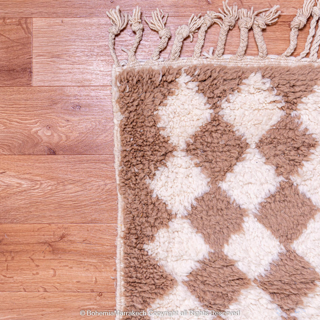 Handmade Moroccan rug with brown and white diamond pattern – wool area rug