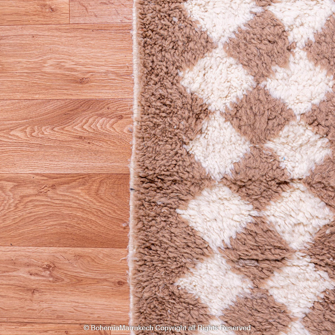 Handmade Moroccan rug with brown and white diamond pattern – wool area rug