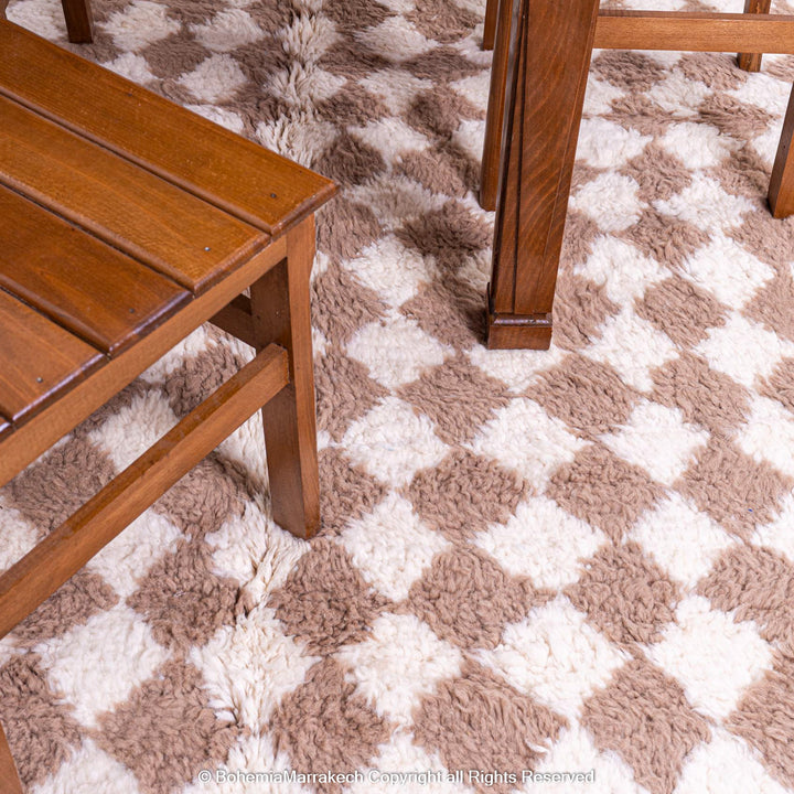 Handmade Moroccan rug with brown and white diamond pattern – wool area rug