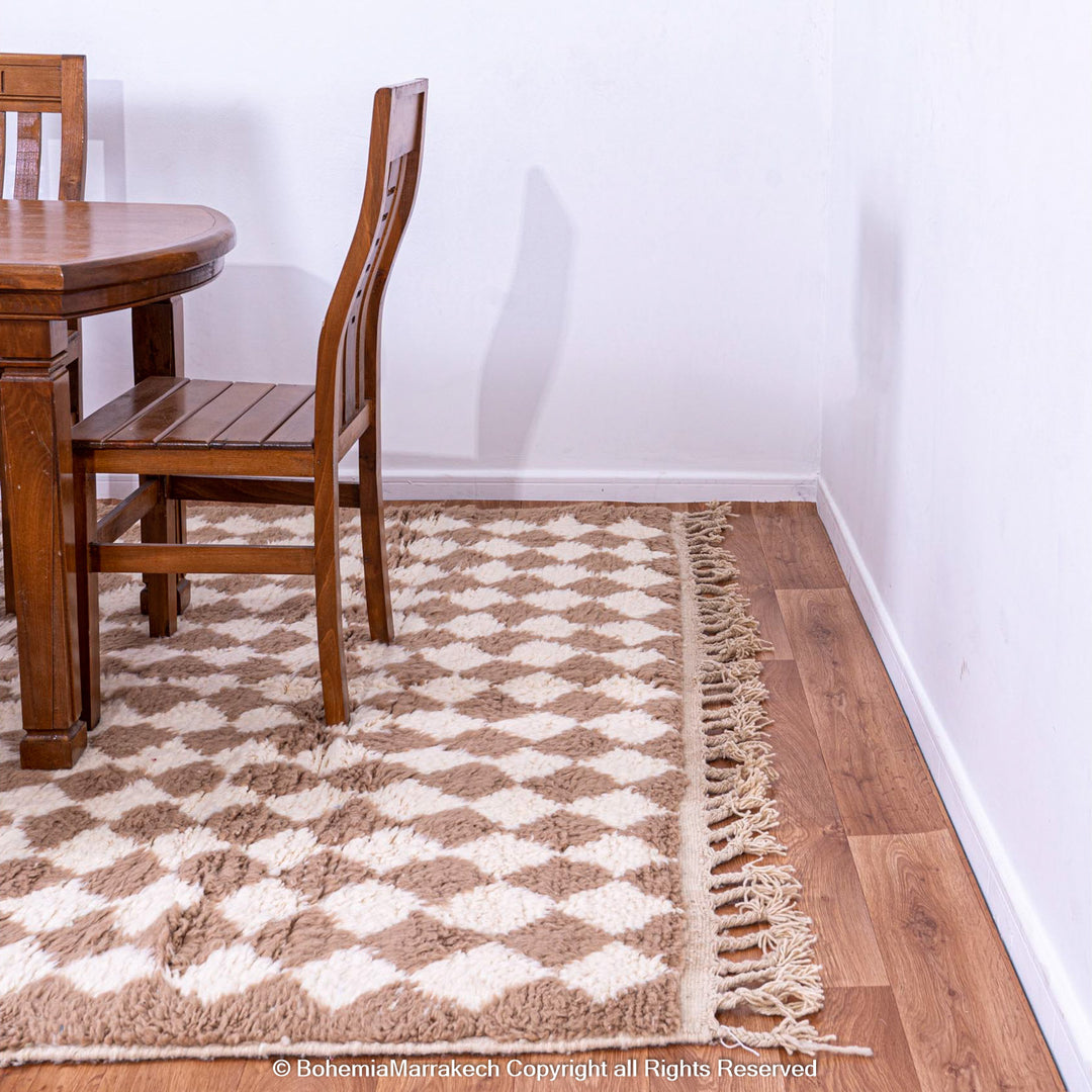 Handmade Moroccan rug with brown and white diamond pattern – wool area rug