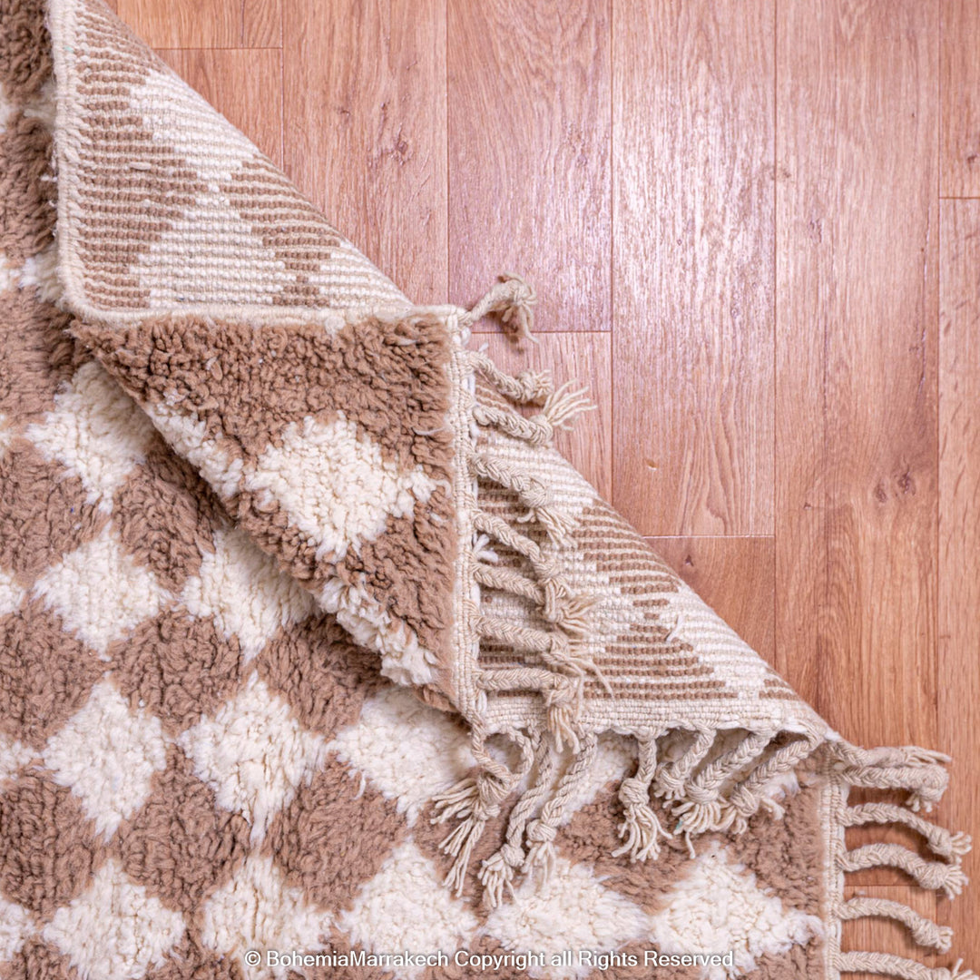 Handmade Moroccan rug with brown and white diamond pattern – wool area rug