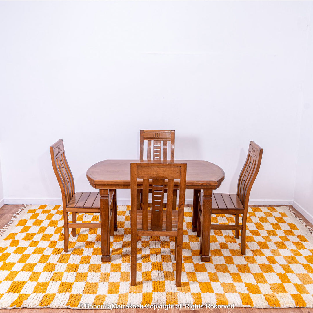 Handmade Moroccan rug with orange and white checkerboard pattern – wool area rug