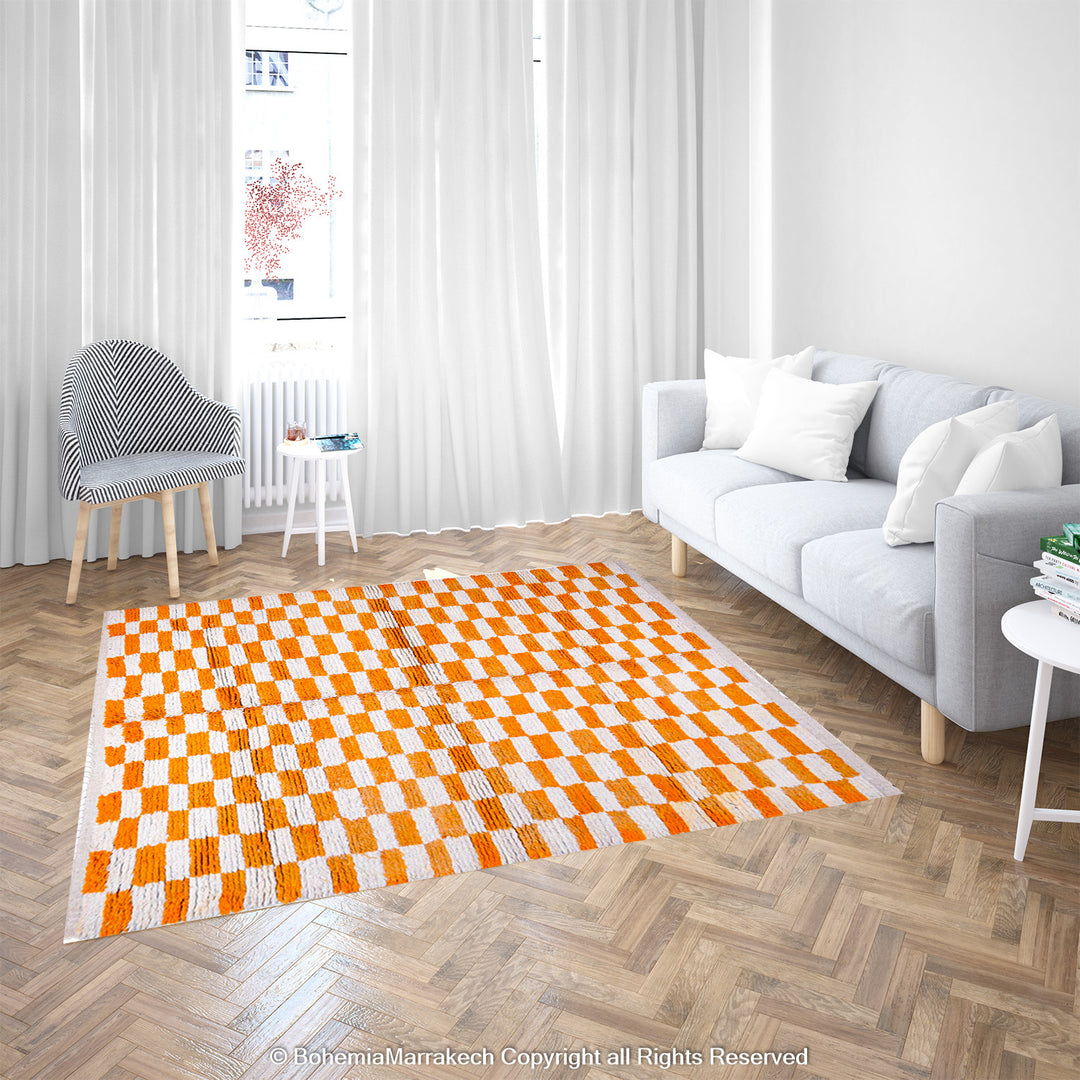 Handmade Moroccan rug with orange and white checkerboard pattern – wool area rug