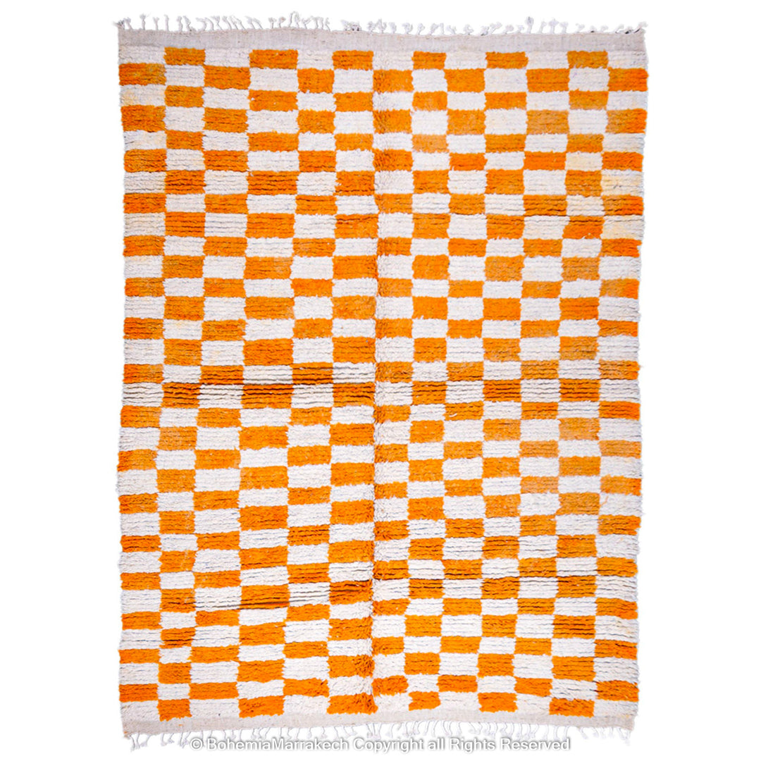 Handmade Moroccan rug with orange and white checkerboard pattern – wool area rug