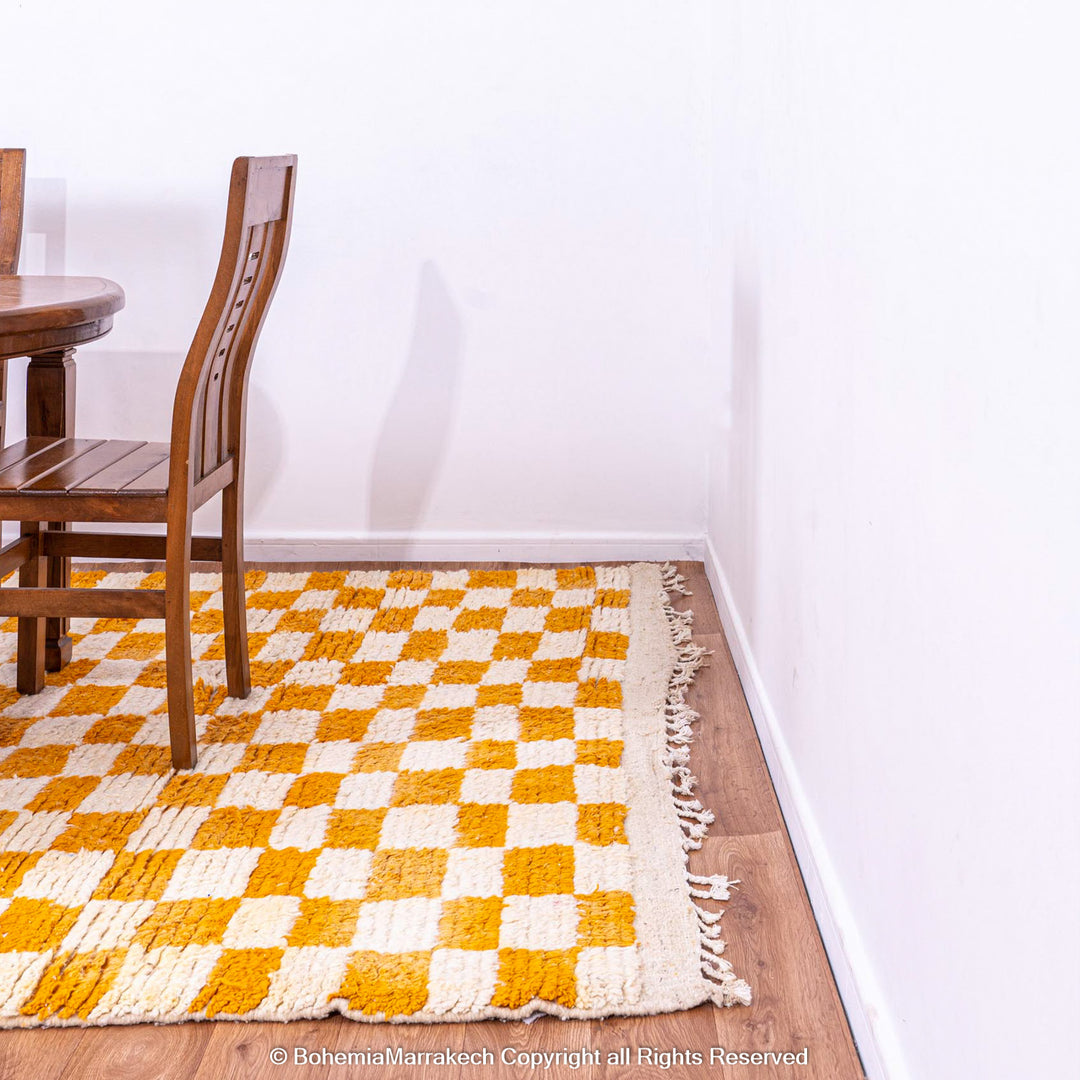 Handmade Moroccan rug with orange and white checkerboard pattern – wool area rug
