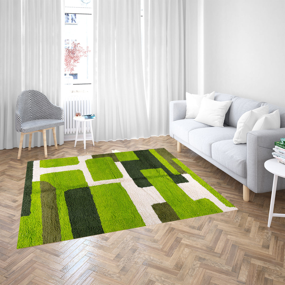 Handmade green geometric Moroccan wool rug with modern pattern