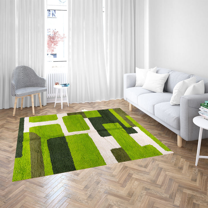 Handmade green geometric Moroccan wool rug with modern pattern
