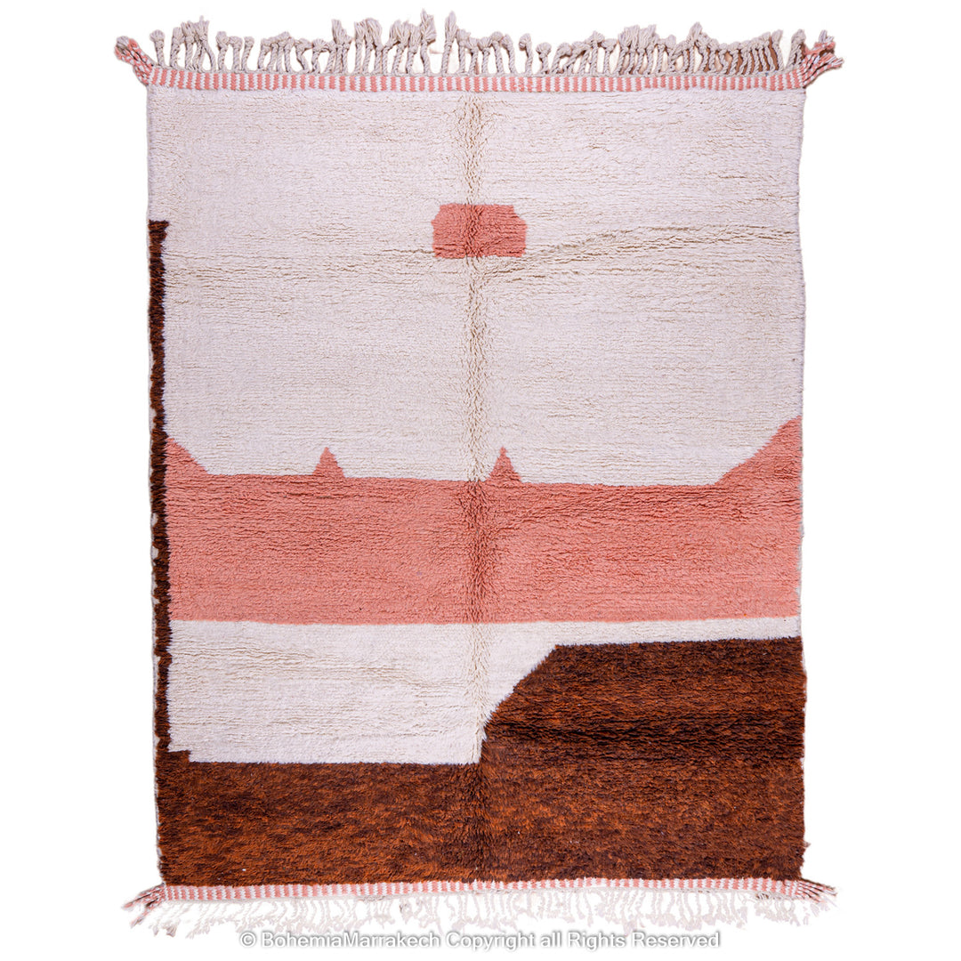 Desert-inspired Moroccan rug with earthy red and brown abstract mountain motifs, handmade from 100% wool