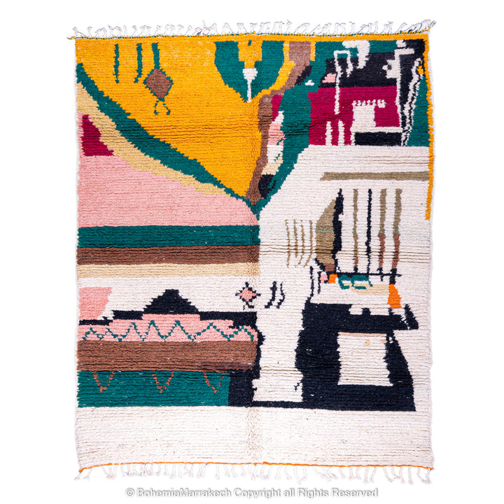 Colorful handmade Beni Ourain wool rug with geometric patterns in yellow, pink, and green, ideal for adding warmth and style.