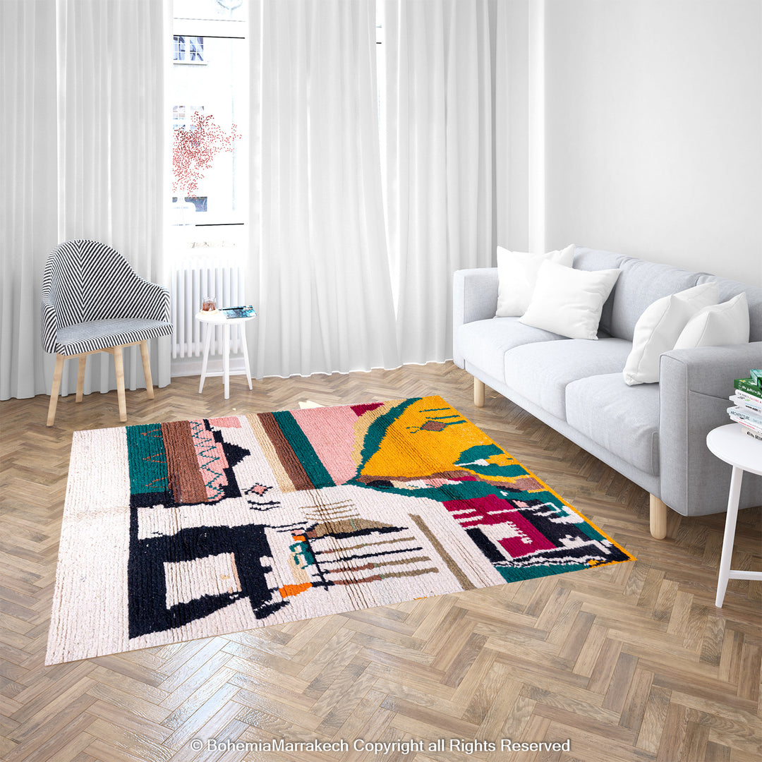 Custom handmade Moroccan wool rug with vibrant geometric patterns in a modern living room setting.
