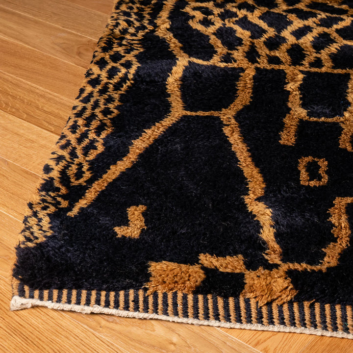 Black & Amber Geometric Moroccan Wool Rug - Handcrafted Berber Design