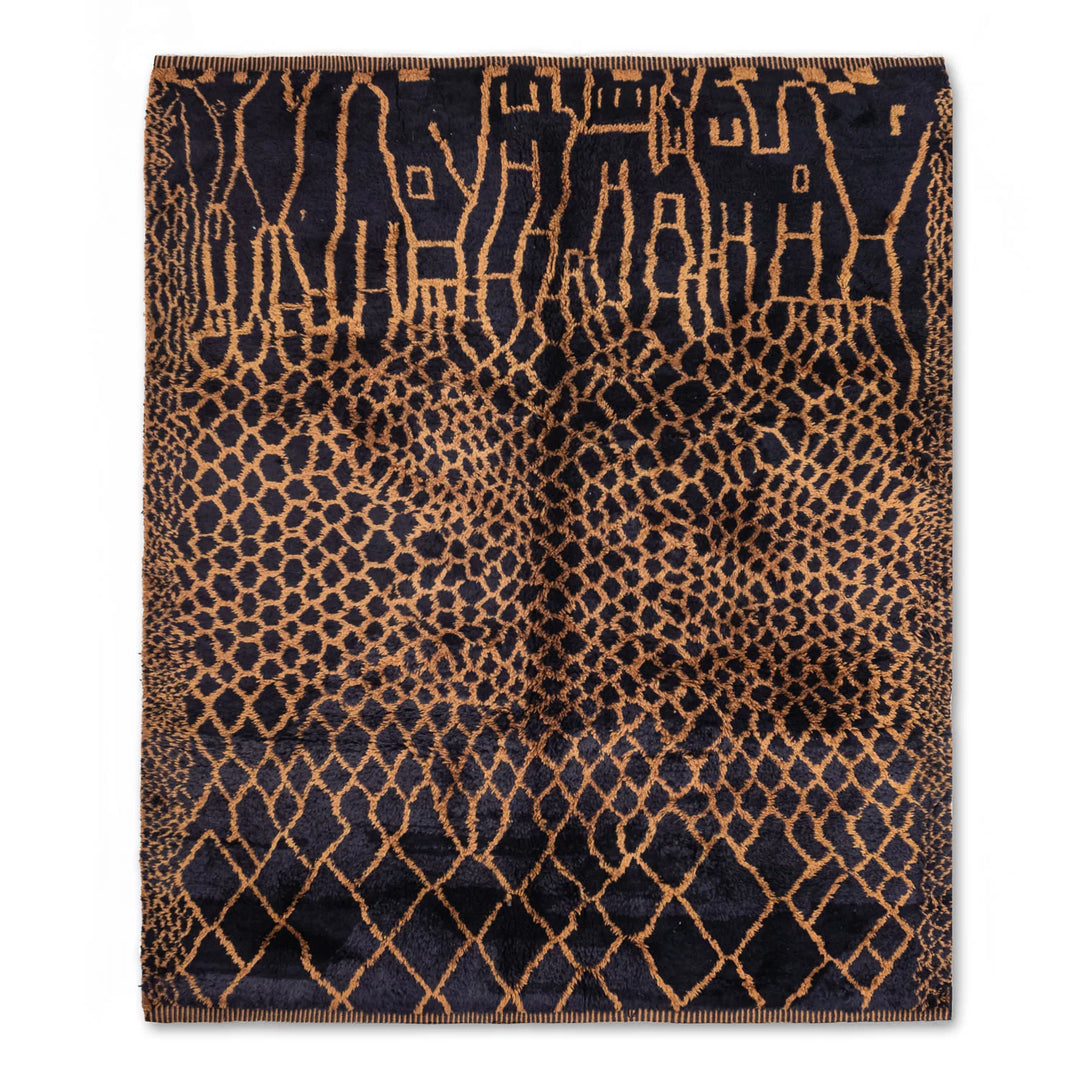 Black & Amber Moroccan wool rug with geometric tribal pattern, featuring Berber-inspired diamonds and motifs for modern interiors.