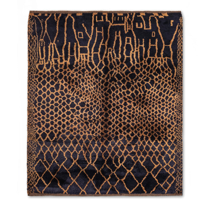 Black & Amber Moroccan wool rug with geometric tribal pattern, featuring Berber-inspired diamonds and motifs for modern interiors.