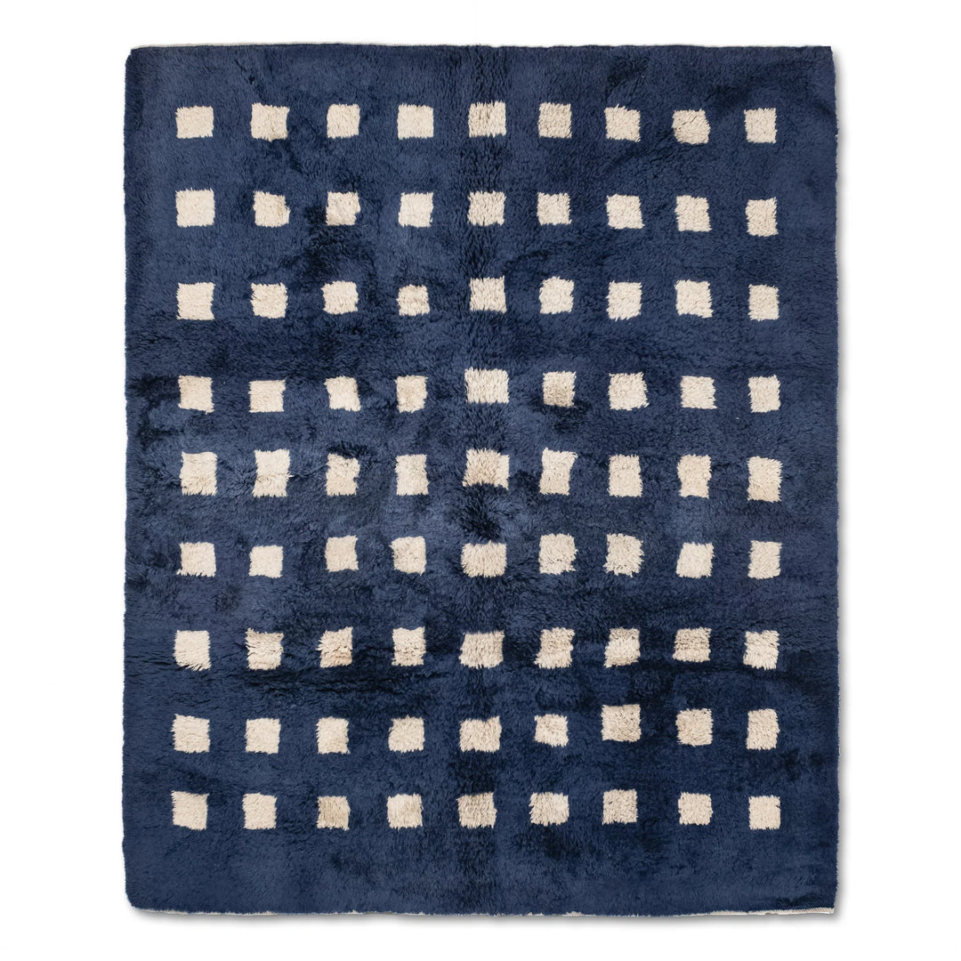 Blue Moroccan Beni Mrirt rug with white squares, handmade wool area rug, 8x10 Moroccan rug, traditional Berber carpet.