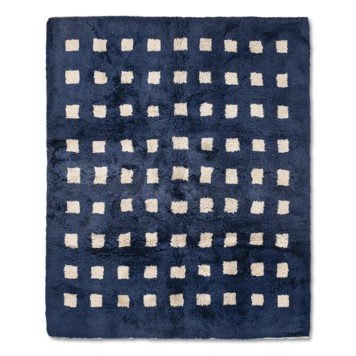 Blue Moroccan Beni Mrirt rug with white squares, handmade wool area rug, 8x10 Moroccan rug, traditional Berber carpet.