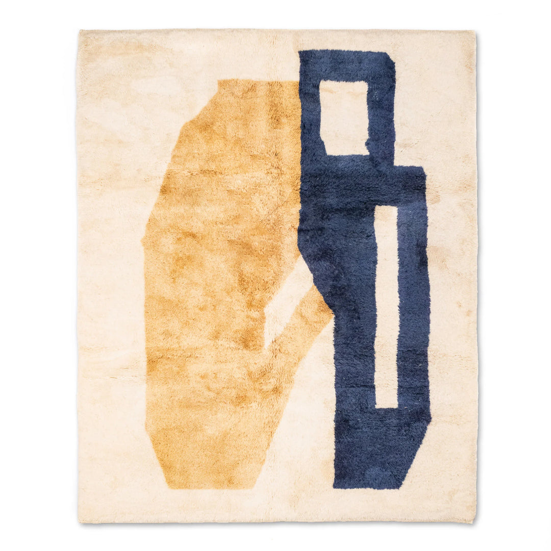 Bold Abstract Beni Mrirt Rug in blue and mustard, handwoven Moroccan rug with geometric design, crafted from plush wool.