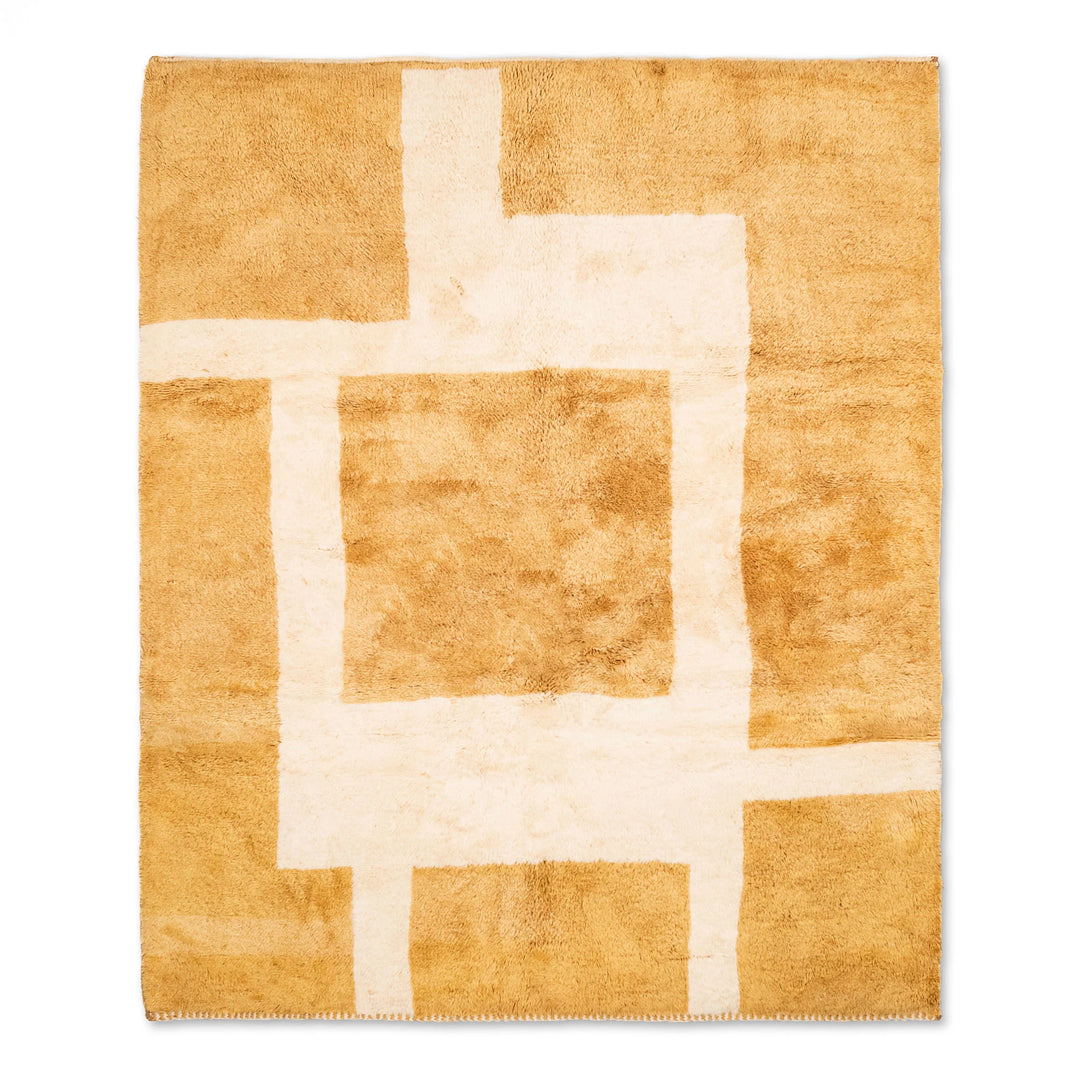 Bold Geometric Beni Mrirt Moroccan wool rug in honey and ivory, handcrafted with modern grid design. Luxurious shag Moroccan rug.
