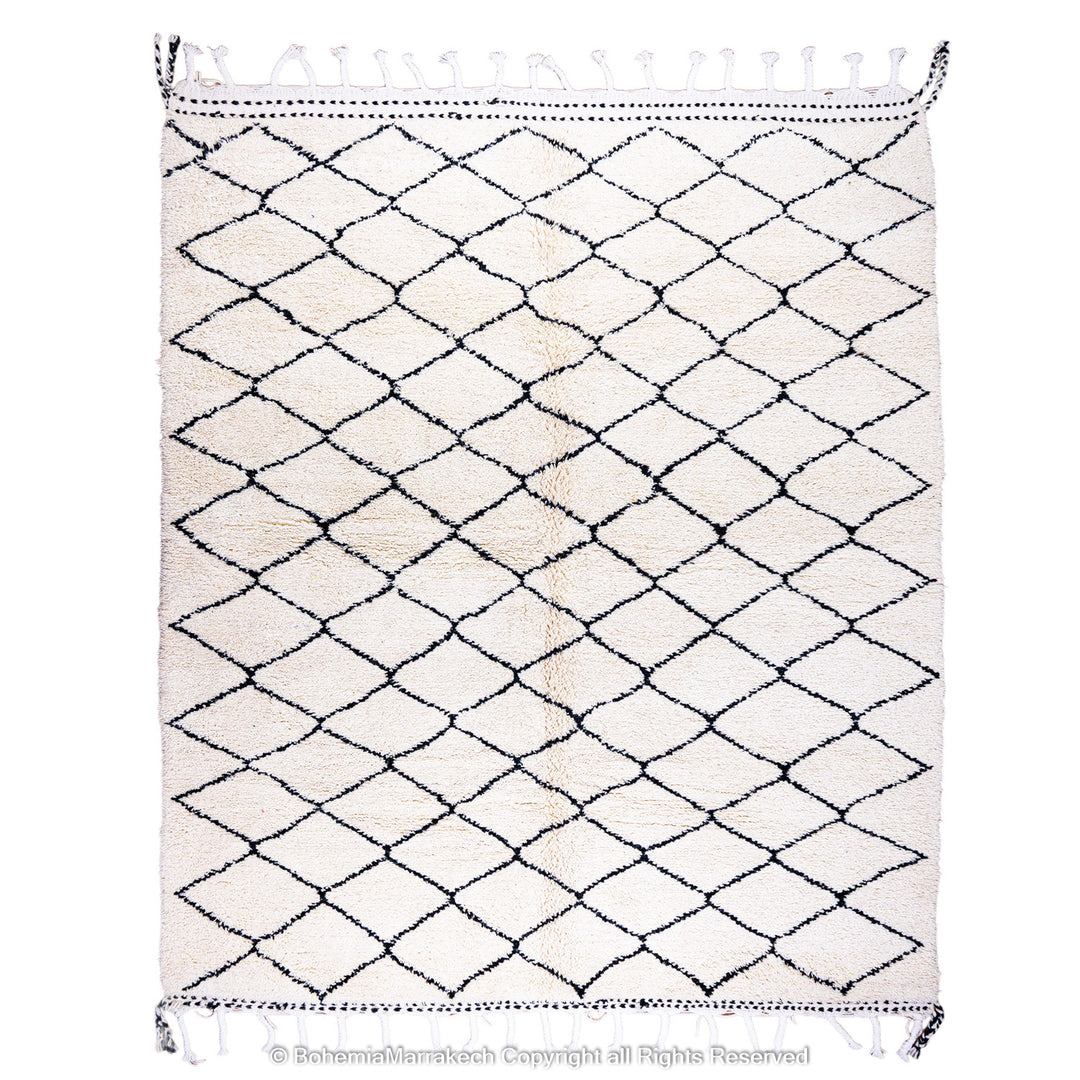 Handwoven Beni Ourain Moroccan rug in black and white wool with geometric diamond pattern