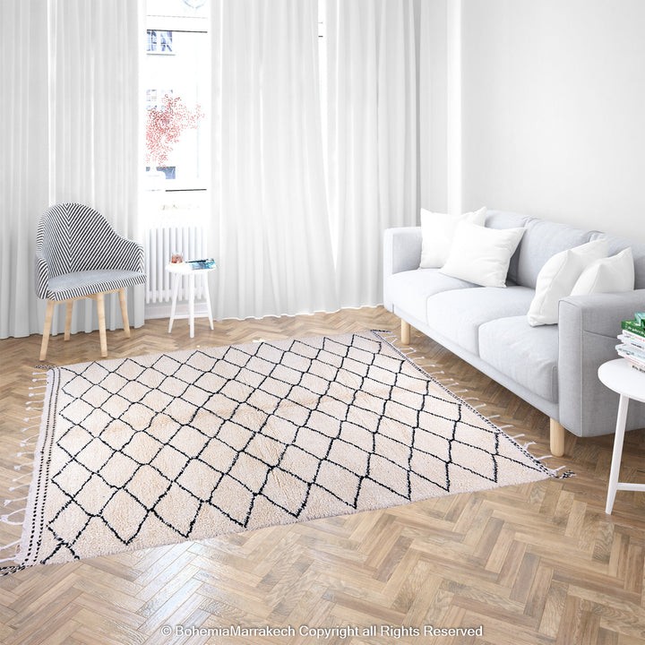 Handwoven Beni Ourain Moroccan rug in black and white wool with geometric diamond pattern