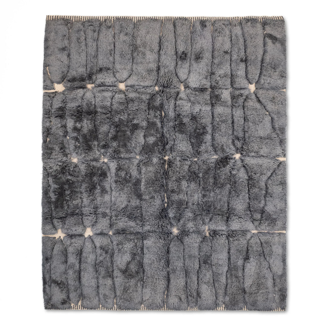 Charcoal Grey Beni Mrirt Rug - Handwoven Moroccan wool carpet with ivory accents, traditional Berber design, 8x10 size.