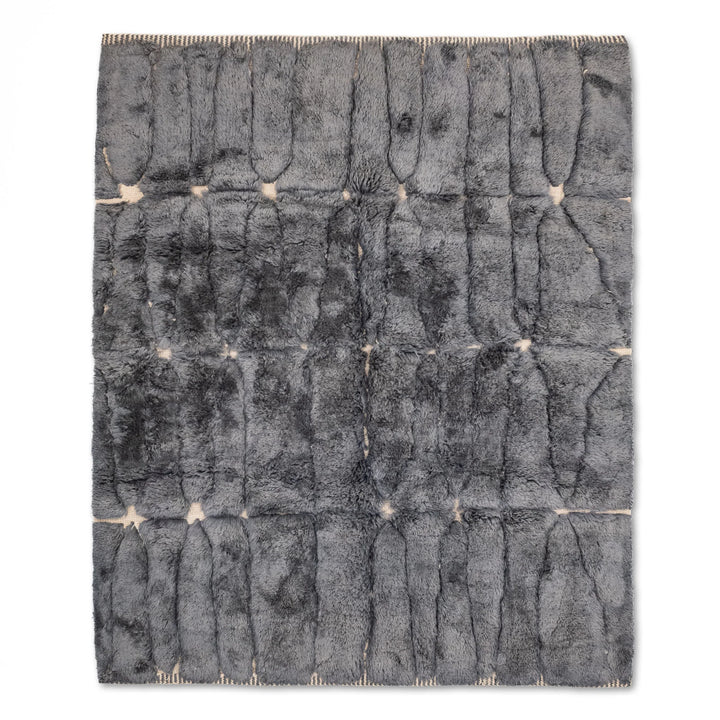 Charcoal Grey Beni Mrirt Rug - Handwoven Moroccan wool carpet with ivory accents, traditional Berber design, 8x10 size.