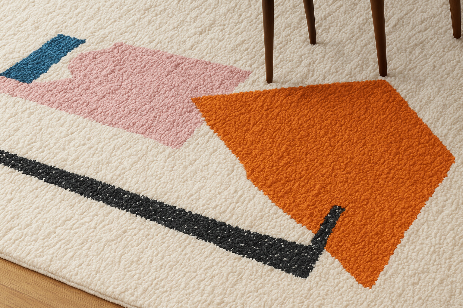 Handmade Moroccan rug with colorful geometric patterns shown in a cozy modern living room