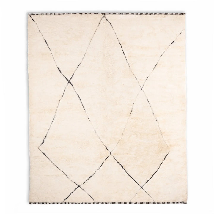 Classic Diamond Beni Mrirt Moroccan wool rug with minimalist black diamond pattern on ivory base. Handmade Berber carpet, 8x10.