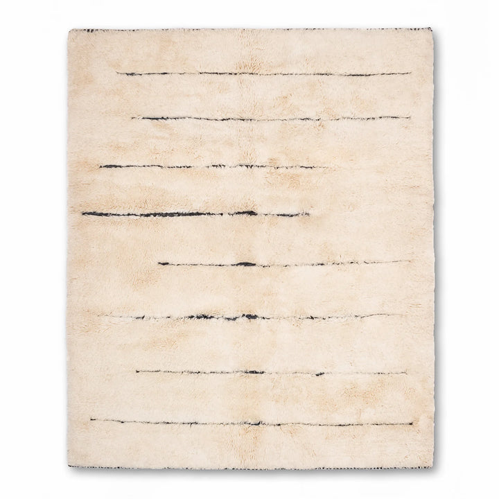 Cream Moroccan Beni Mrirt rug with black lines, handwoven wool carpet from Morocco. Elegant minimal design. Moroccan Berber rug.