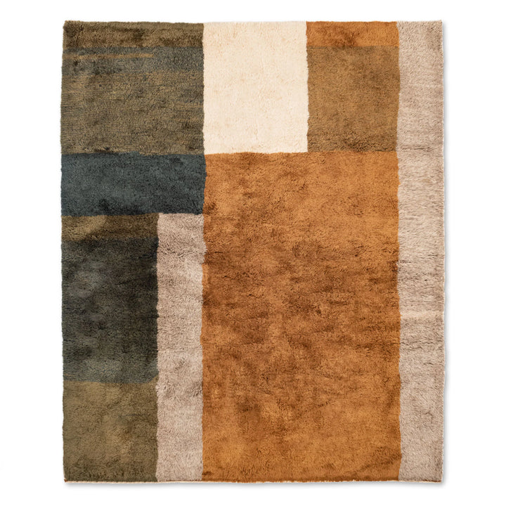 Handmade Moroccan Beni Mrirt wool rug with earthy tones in geometric design, crafted by Berber artisans from the Atlas Mountains.