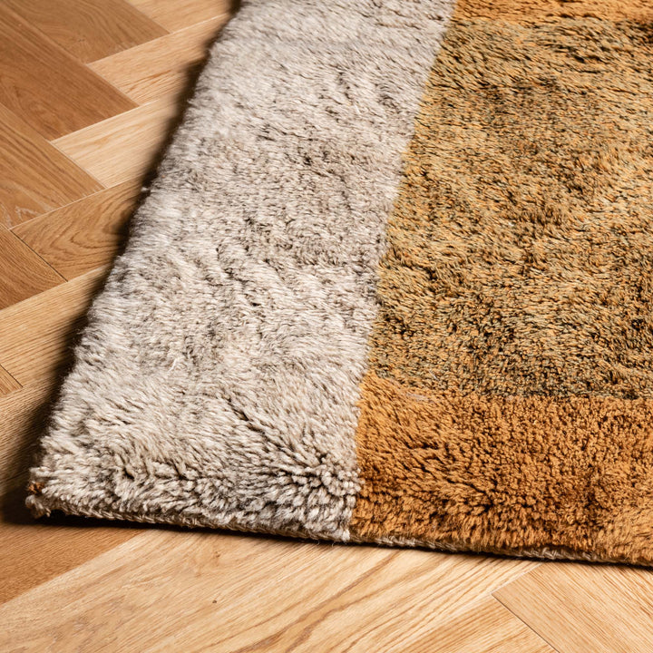 Color Block Beni Mrirt Moroccan wool rug with earthy tones on hardwood floor