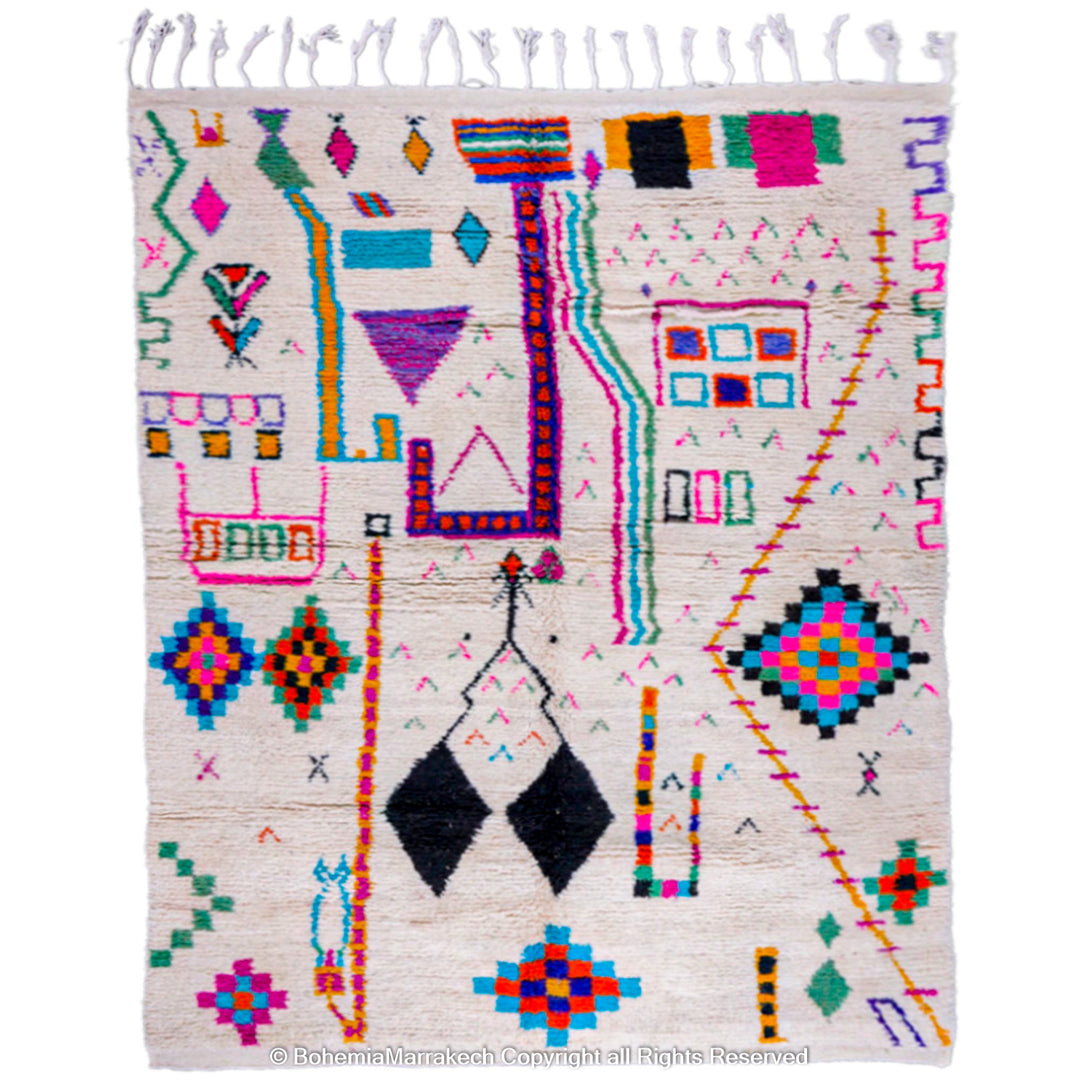 Colorful Azilal Moroccan Rug with vivid shapes, handwoven by Berber women, showcasing traditional and modern motifs on wool.