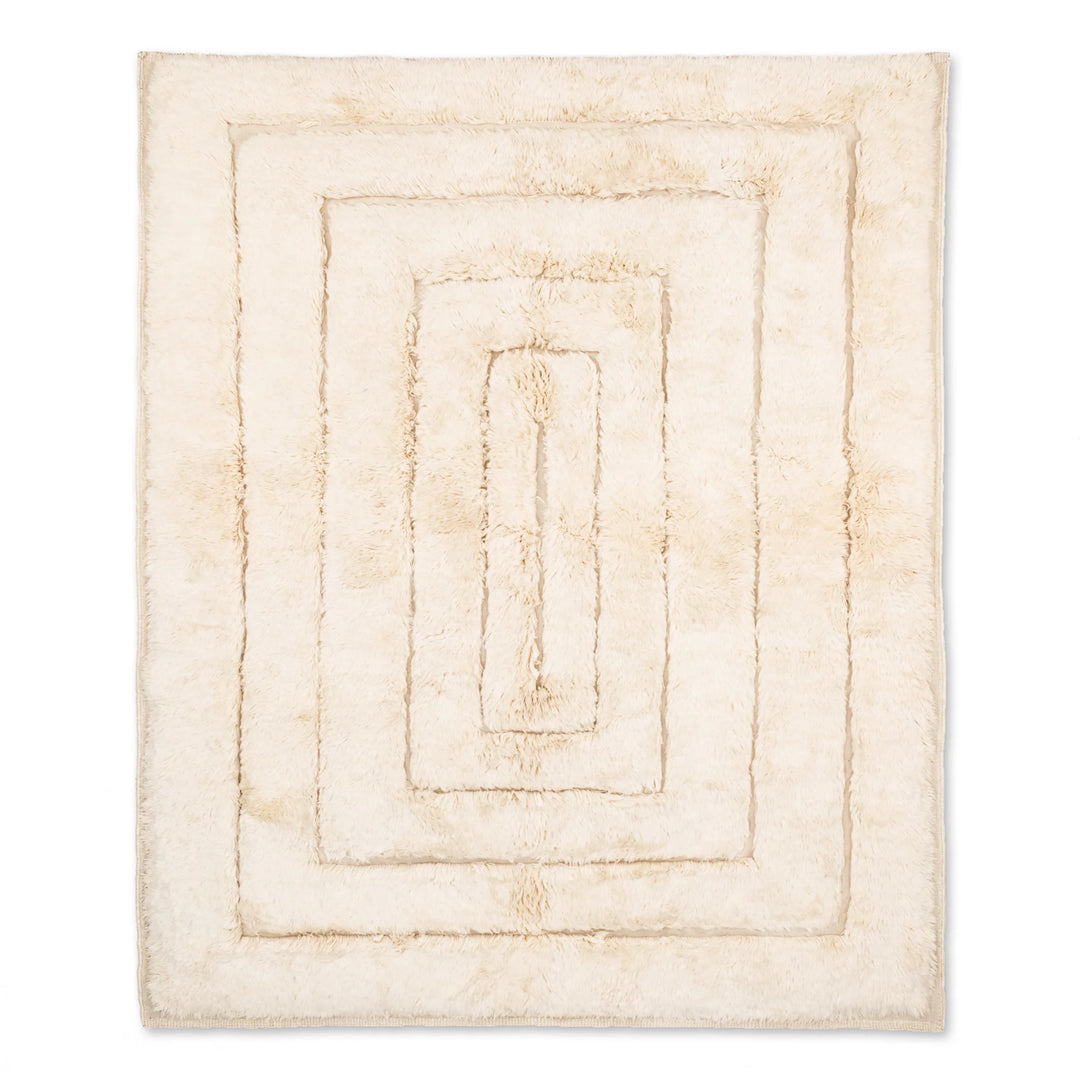 Cream Geometric Beni Mrirt Moroccan wool rug with layered rectangular pattern, handmade for modern and boho interiors.