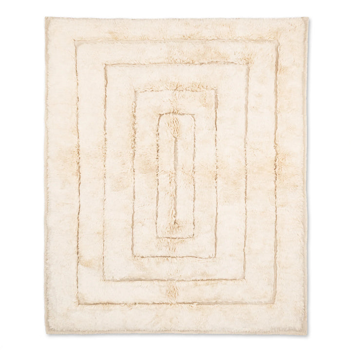 Cream Geometric Beni Mrirt Moroccan wool rug with layered rectangular pattern, handmade for modern and boho interiors.