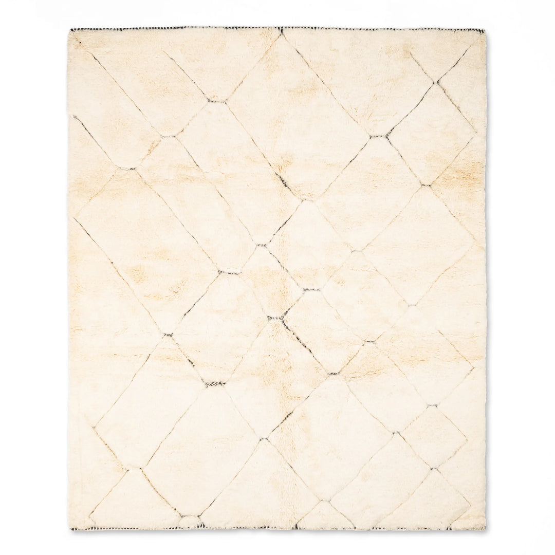 Cream Moroccan wool rug with faded diamond lines, handmade by Berber artisans, ideal for modern or boho interiors. Moroccan rug 8x10.
