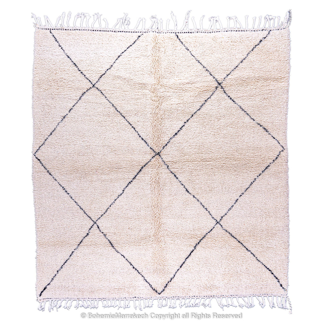 Black and white diamond Moroccan wool rug with a minimalist lattice design, handmade by Berber artisans, perfect for modern decor.