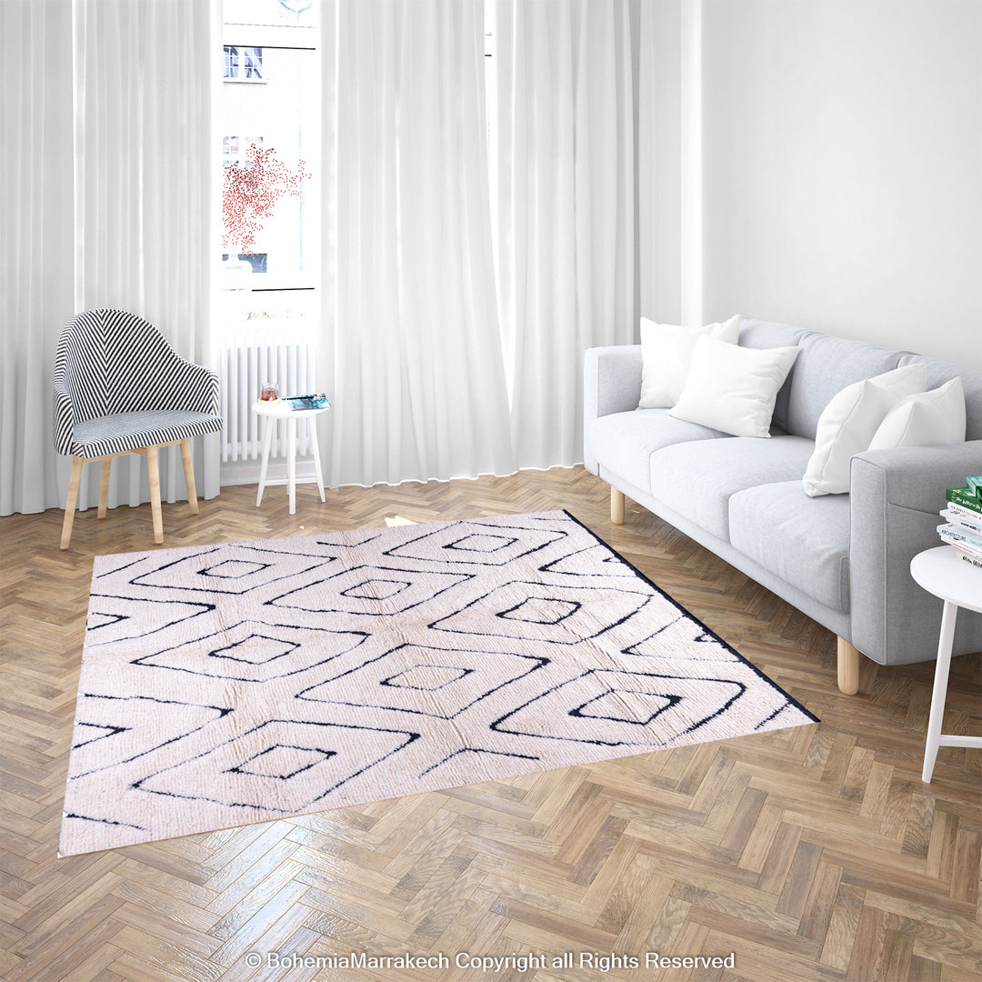 Black and white Moroccan rug with diamond pattern in modern living room