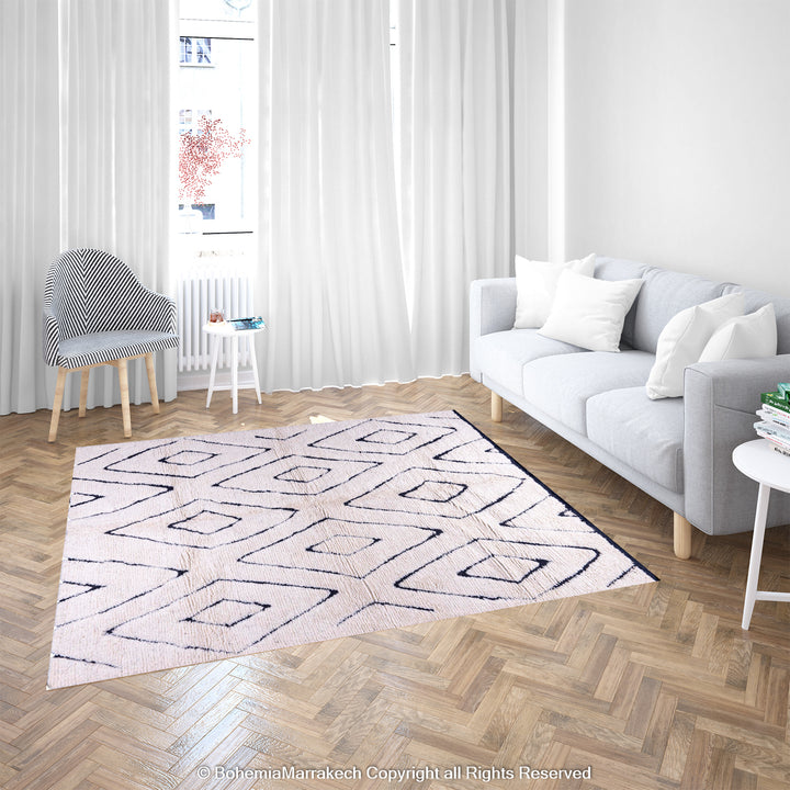 Black and white Moroccan rug with diamond pattern in modern living room